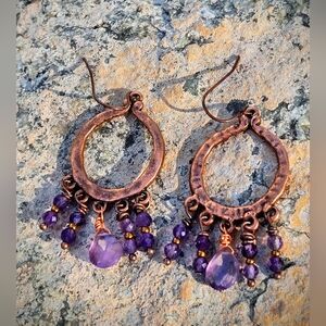 Mystical Egyptian-inspired Natural Amethyst In Antique Copper Drop Earrings